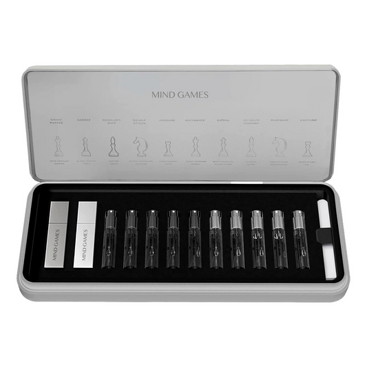 10 Piece Artisan Discovery Set, Mind Games, Extrait de Parfum, 10x0.25oz Vials, 2xTravel Cases, Unisex, Spray